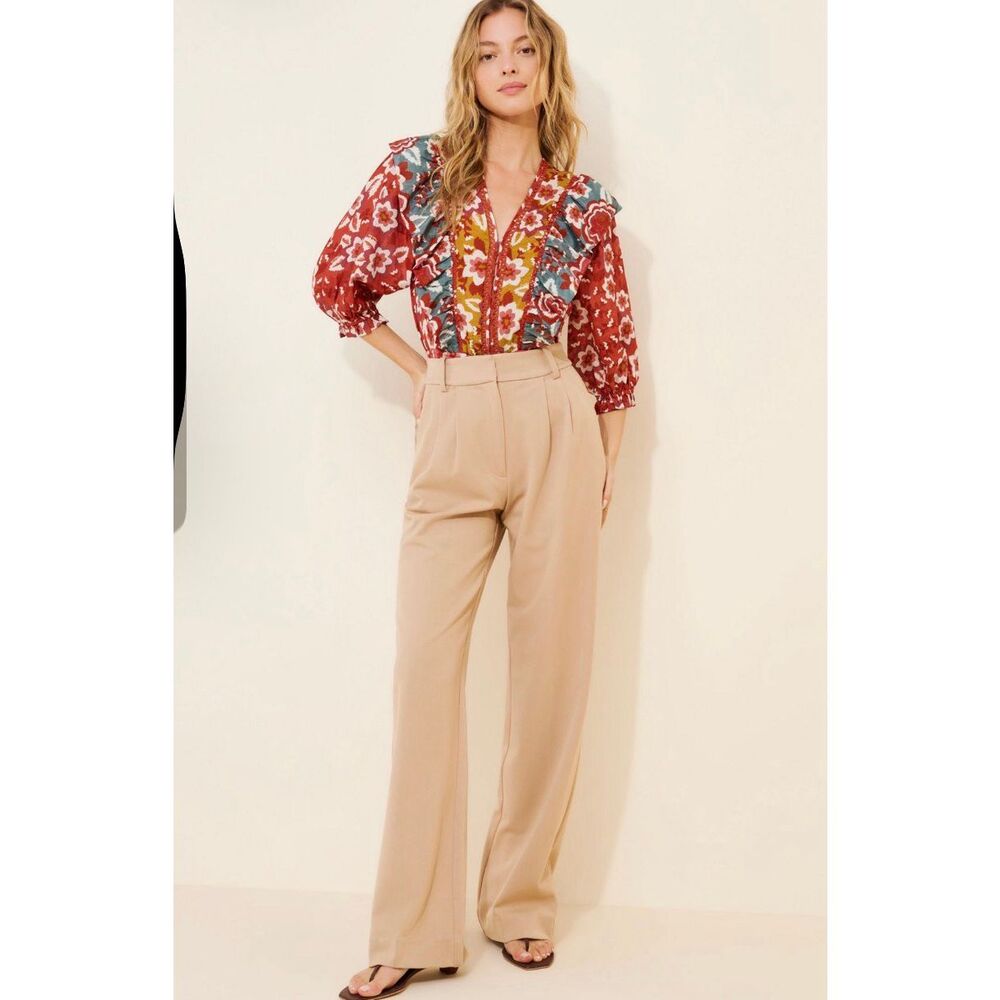 FARM Rio M Floral Puff Sleeve Bodysuit Red Boho Ruffle V-Neck Anthropologie - Picture 6 of 12
